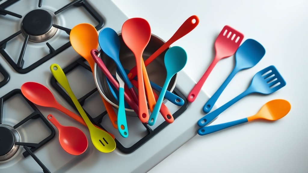 가스레인지 위에서 사용 중인 다양한 실리콘 조리 도구와 열원 노출 장면