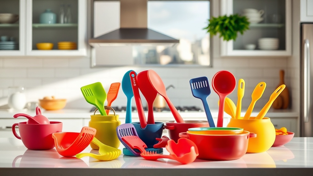 다양한 색상과 용도의 고품질 실리콘 조리 도구 세트가 주방에 배치된 모습