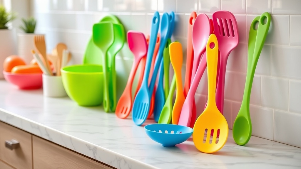 다양한 색상과 형태의 실리콘 조리 도구들이 주방 대리석 조리대 위에 가지런히 놓여 있는 모습